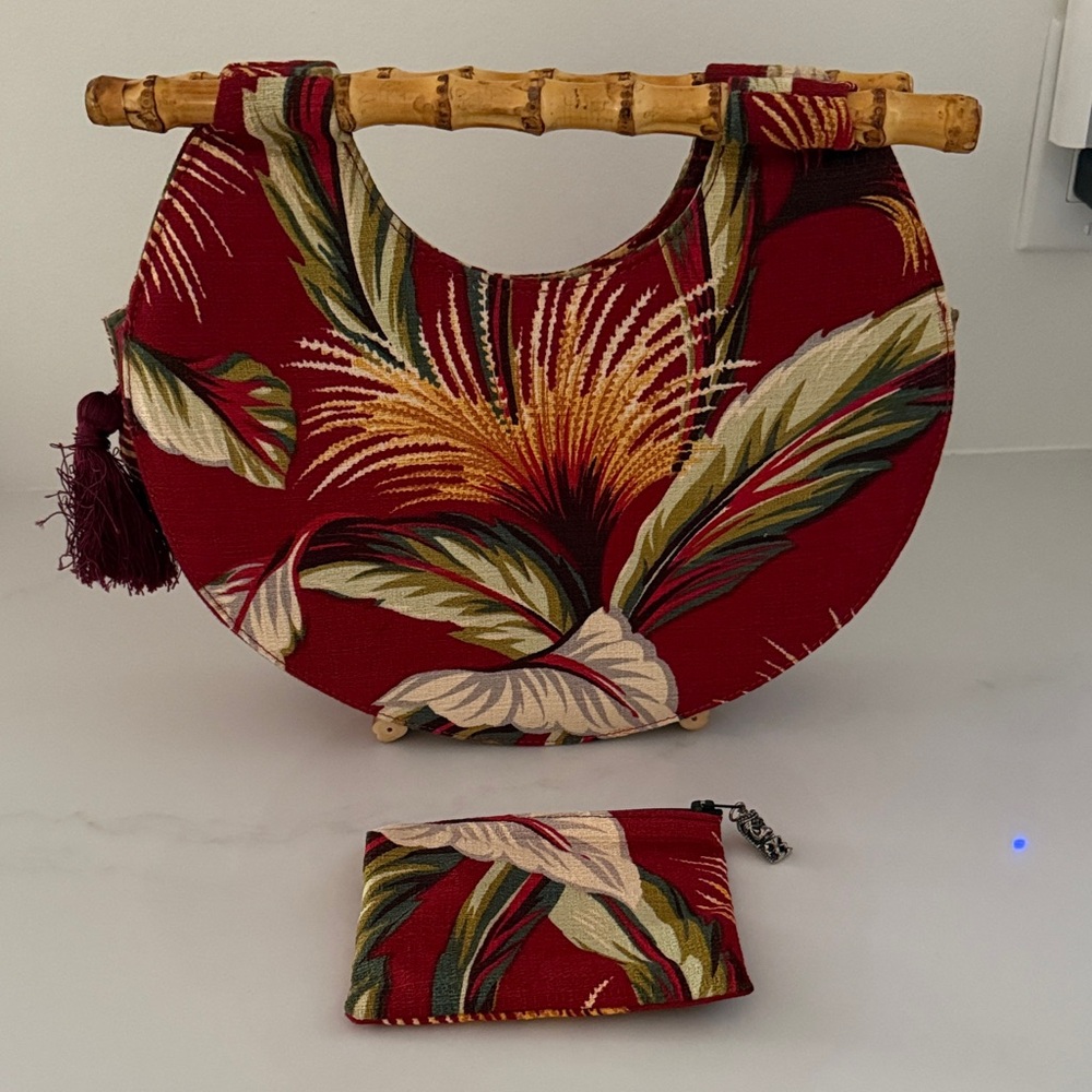 Revamped Red Floral Bamboo-Handle Tote with Matching Pouch